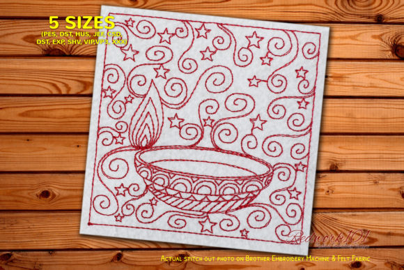 Decorative Diwali Candle Redwork: A Vibrant Embroidery Design for Festive Occasions